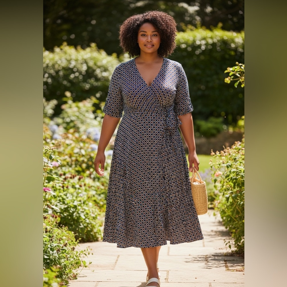 In Every Story Navy Geometric Print Short Sleeve V-Neck A-Line Midi Wrap Dress